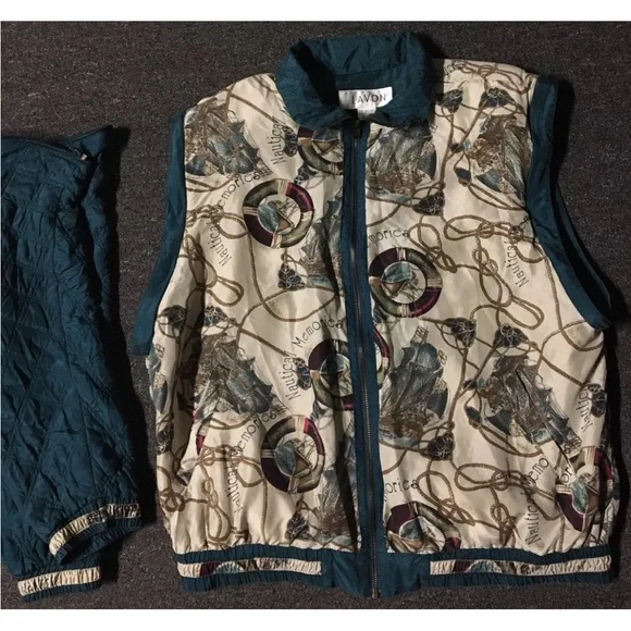 Vintage 80s Nautical Silk Bomber Jacket XL Sailing Ship Boat Vest Jacket Combo